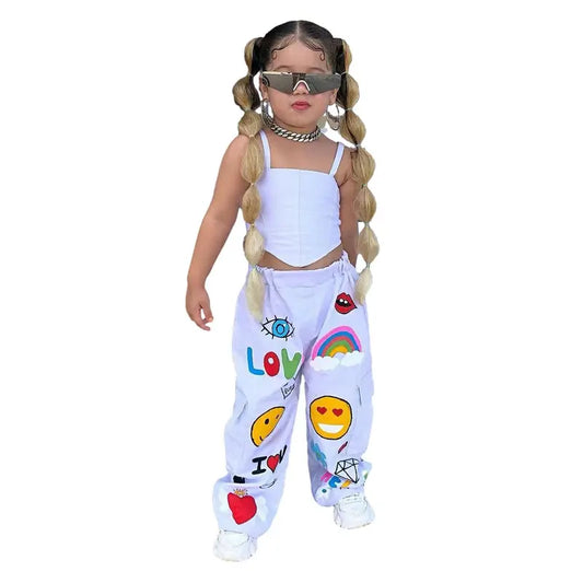 1-8Years Kids Clothing Sets Outfits for Girls 2024 Summer New Children Sleeveless Crop Tops+Pants Love Print Clothes Outfits