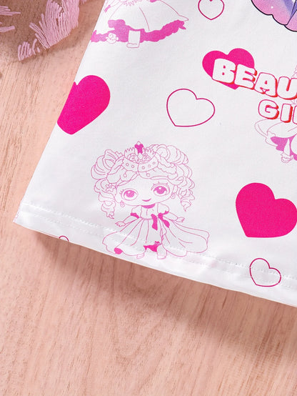 Girl's Cartoon Princess Love Printed Short Sleeved Dress Summer