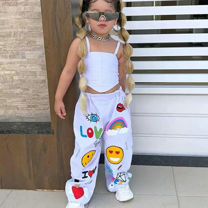 1-8Years Kids Clothing Sets Outfits for Girls 2024 Summer New Children Sleeveless Crop Tops+Pants Love Print Clothes Outfits