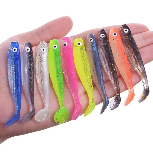 10 Pcs Fishing Double Colors Silicone 3D Eyes Soft Lure 6.8cm 2g T-tail Jig Wobblers Tackle Artificial Sequin Bait for Bass