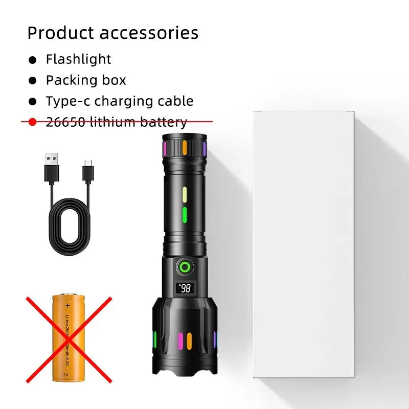 High Power Spotlight Long Range LED Flashlight Fluorescent Absorbing Film Luminous Colorful Zoom Flashlight Camping Emergency