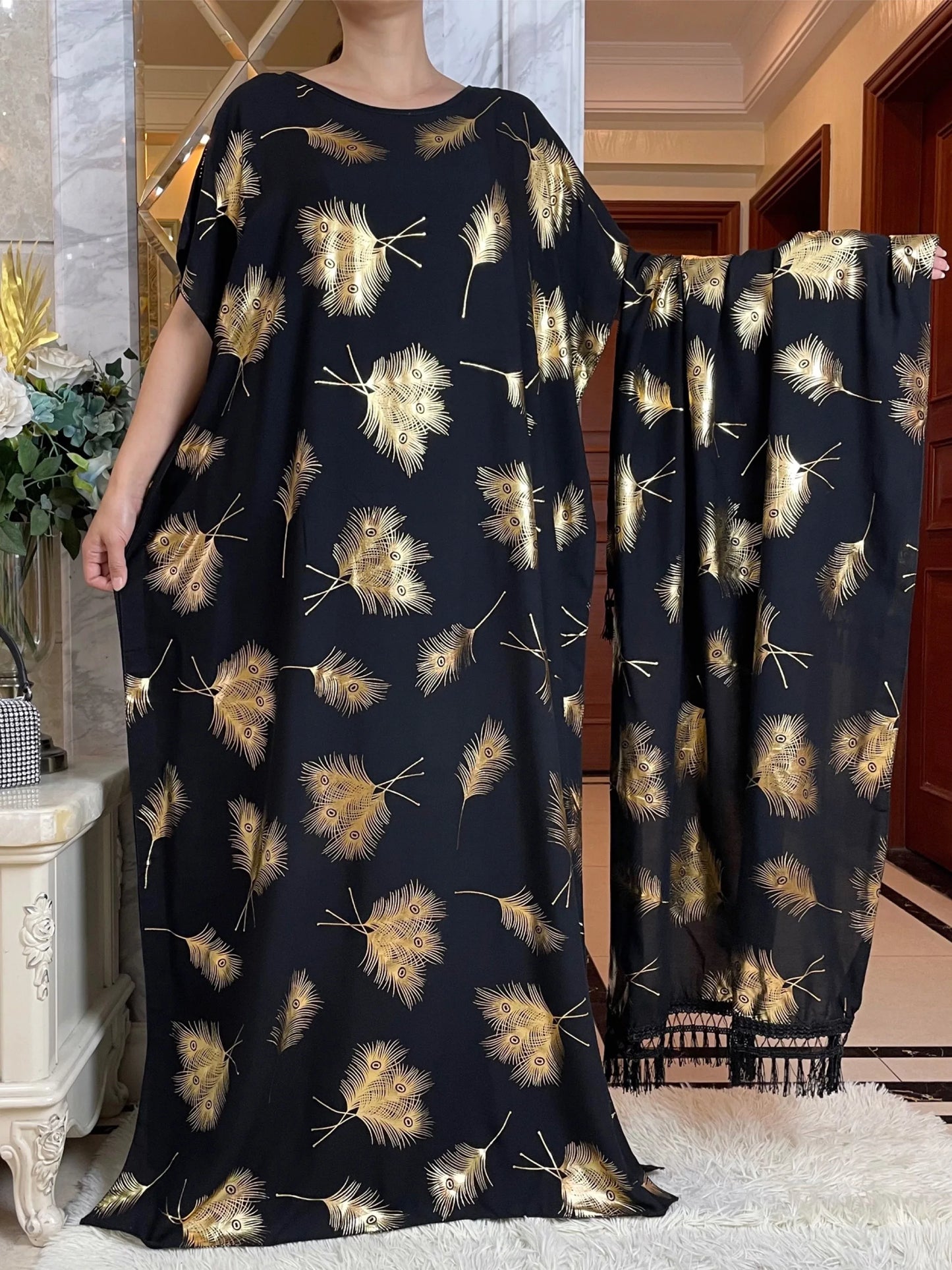 2024 Summer Short sleeve Dress Pure Cotton Gold Stamping Loose Abaya Maxi Islam Dress With Tassels Big Scarf African Long Dress