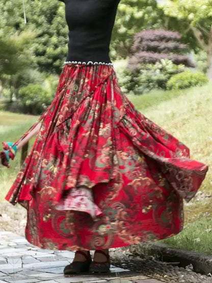Kalenmos 2021 New Cotton and Linen Woman Medieval Skirt Fashion Flower Print Retro Eid Style Irregular Hem Pleated Skirt