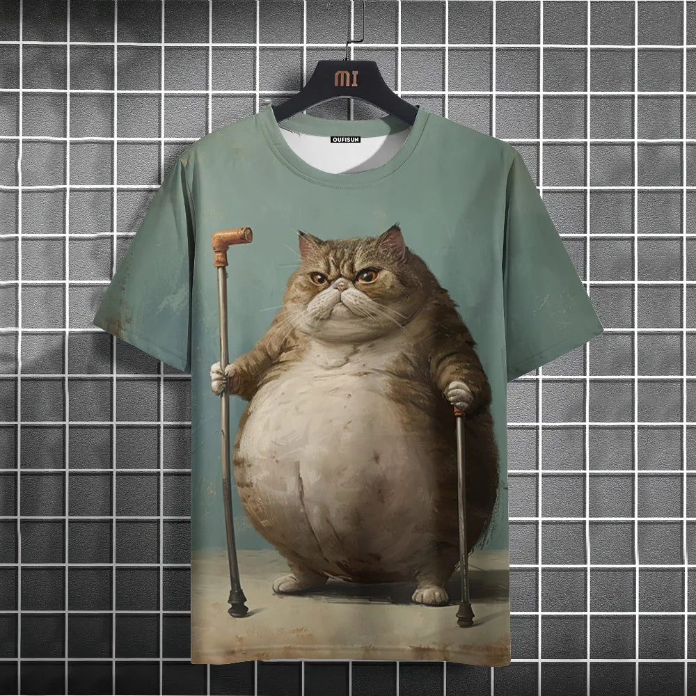 Summer Men's T-Shirt Funny Cat Print Oversized Short Sleeve Man T-Shirt Round Neck Casual Men Women Tee Neutral Clothing 2024