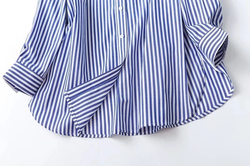 Maxdutti 2023 England Style Office Lady High Street Fashion Blouse Striped  Loose Shirt Pure Cotton Casual Blouse Women