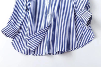 Maxdutti 2023 England Style Office Lady High Street Fashion Blouse Striped  Loose Shirt Pure Cotton Casual Blouse Women