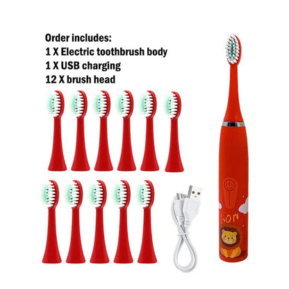 Children Sonic Electric Toothbrush Automatic Waterproof IPX7 Cleaning Brush Cartoon Kids With 12pcs Replacement Brush Heads