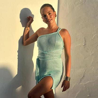 Summer New Women's Deep V Striped Knitted Spaghetti Strap Sleeveless Mini Dresses Elegant Chic Female Dress For Party Vacation