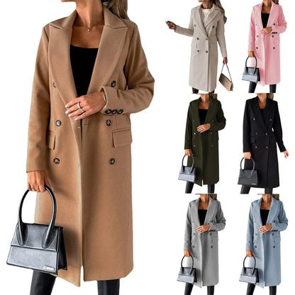 Women's Spring Style New Set Versatile Woolen Coat Solid Color Long Sleeve Double breasted Insert Pocket