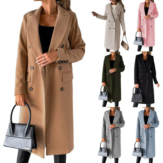 Women's Spring Style New Set Versatile Woolen Coat Solid Color Long Sleeve Double breasted Insert Pocket
