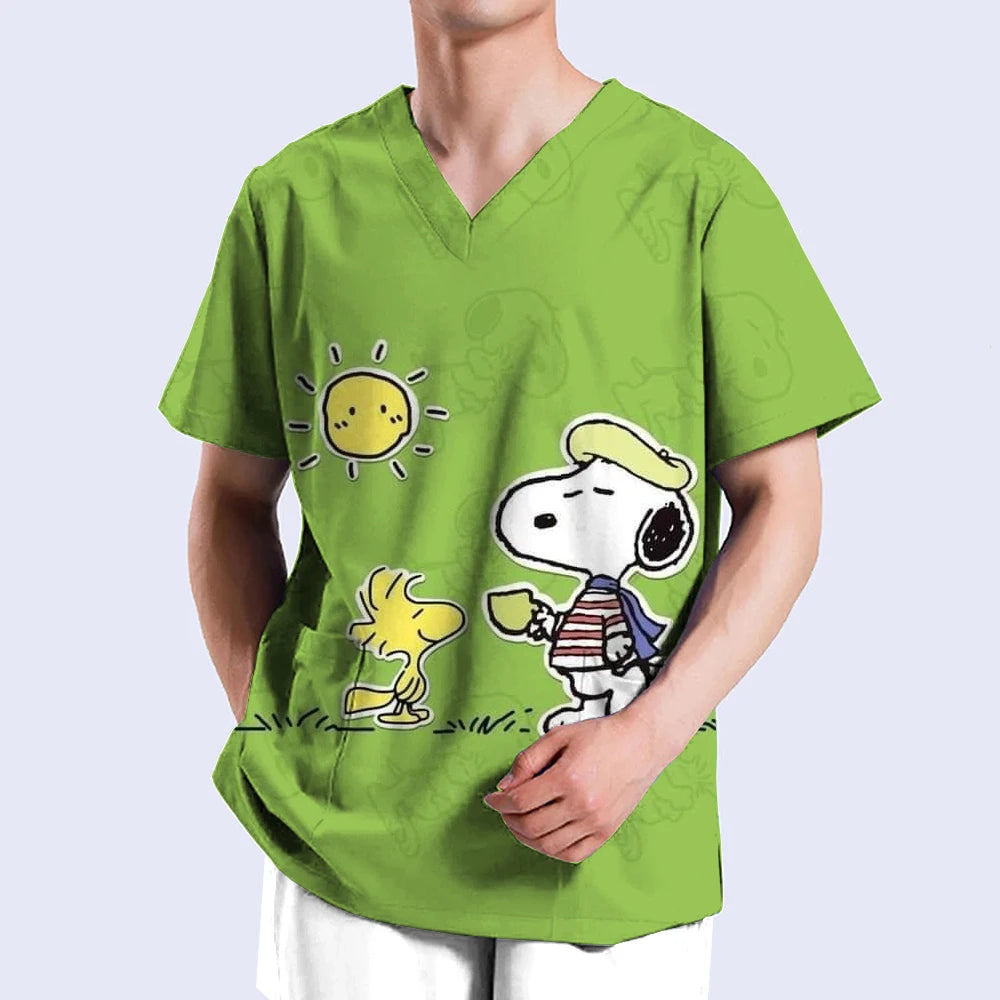 Snoopy print Medical Clothes Men Nursing Uniforms Scrubs Tops Nurse Suits Lab Workwear Dentistry Doctor Costume Plus Size Surgic
