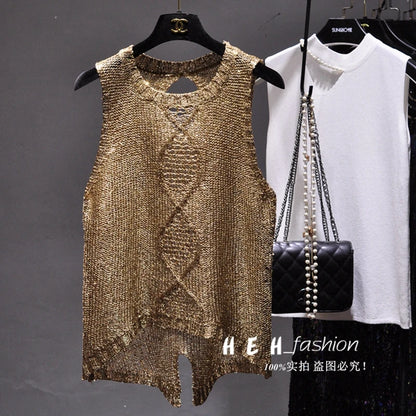 Chun Xia Sexy Hollow Out Round Collar Split Sequins Condole Belt Vest Perspective Sequined Sleeveless Blouse Tank Top Woman