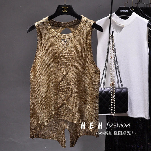 Chun Xia Sexy Hollow Out Round Collar Split Sequins Condole Belt Vest Perspective Sequined Sleeveless Blouse Tank Top Woman