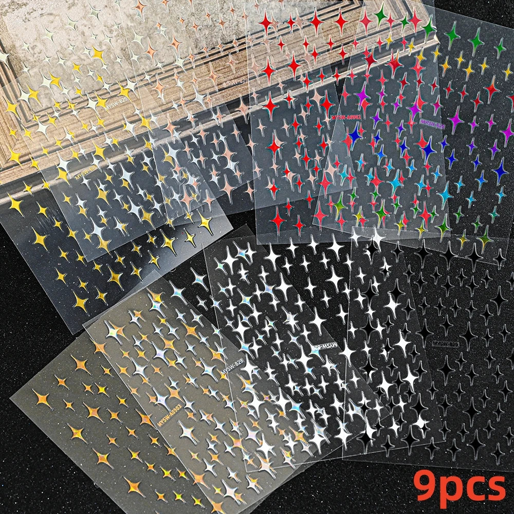 8Pcs Red Heart Nail Stickers 3D Bronzing Silver Gold Heart Shape Star & Moon Metal Totem Nail Slider Self-Adhesive DIY Nail Art*