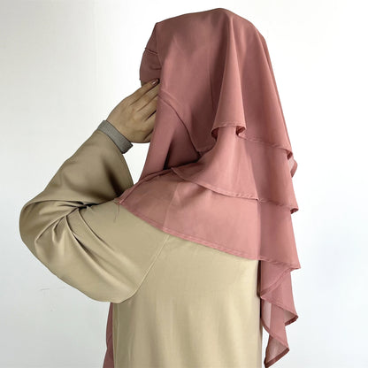 2024 Summer Three-layer Chiffon Hijab Solid Color Khimar Adjustable Women's Gauze Ethnic Shawl Breathable and Comfortable Hijab