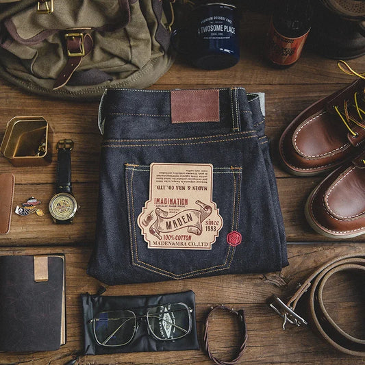 Maden Retro 14.5OZ Selvage Denim Jeans for Men Mid-waisted Regular Fit Straight Pants with YKK Zipper Male Blue Jeans Size 28-38