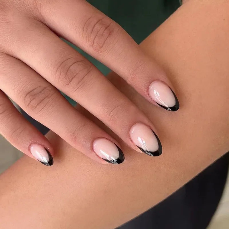 24pcs Black 3D Bow Almond Fake Nails Tips Pearl Love Sequin Design False Nails Art Removable Waterproof Artificial Press on Nail