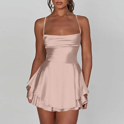 Ladies' Silk And Satin Elegant Sexy Slim Beautiful Backless Short Dress Cowl Neck Cross Spaghetti Strap Party Pleated Mini Skirt