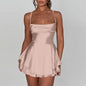 Ladies' Silk And Satin Elegant Sexy Slim Beautiful Backless Short Dress Cowl Neck Cross Spaghetti Strap Party Pleated Mini Skirt