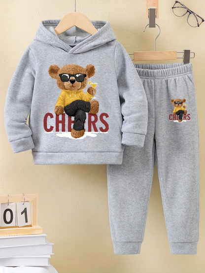 2sets Fall/Winter new casual comfort sports style warm boy print warm lining hoodie and tracksuit pants