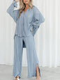 2024 Women Pleated 2 Piece Sets Long Sleeve Blouse Tops And Split Wide Leg Pant Suit Female Fashion Casual Loose Homewear Outfit