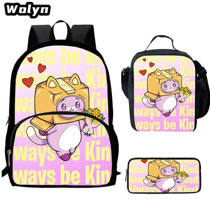 3Pcs Set LankyBox School Backpacks with Lunch Bag Pencil Case,Cartoon Large Capacity School Bags for Grade 1-4,Mochila for Pupil