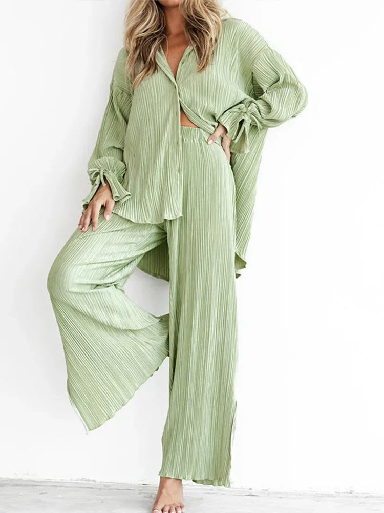 2024 Women Pleated 2 Piece Sets Long Sleeve Blouse Tops And Split Wide Leg Pant Suit Female Fashion Casual Loose Homewear Outfit