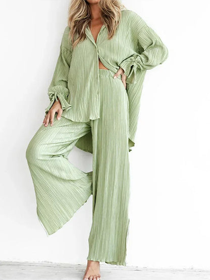 2024 Women Pleated 2 Piece Sets Long Sleeve Blouse Tops And Split Wide Leg Pant Suit Female Fashion Casual Loose Homewear Outfit