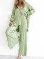 2024 Women Pleated 2 Piece Sets Long Sleeve Blouse Tops And Split Wide Leg Pant Suit Female Fashion Casual Loose Homewear Outfit