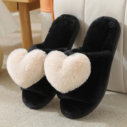 Women Warm Home Slippers Men Indoor Bedroom Cute Heart Pattern Slides Adults Non-slip Plush House Sandals Couples Fashion Shoes