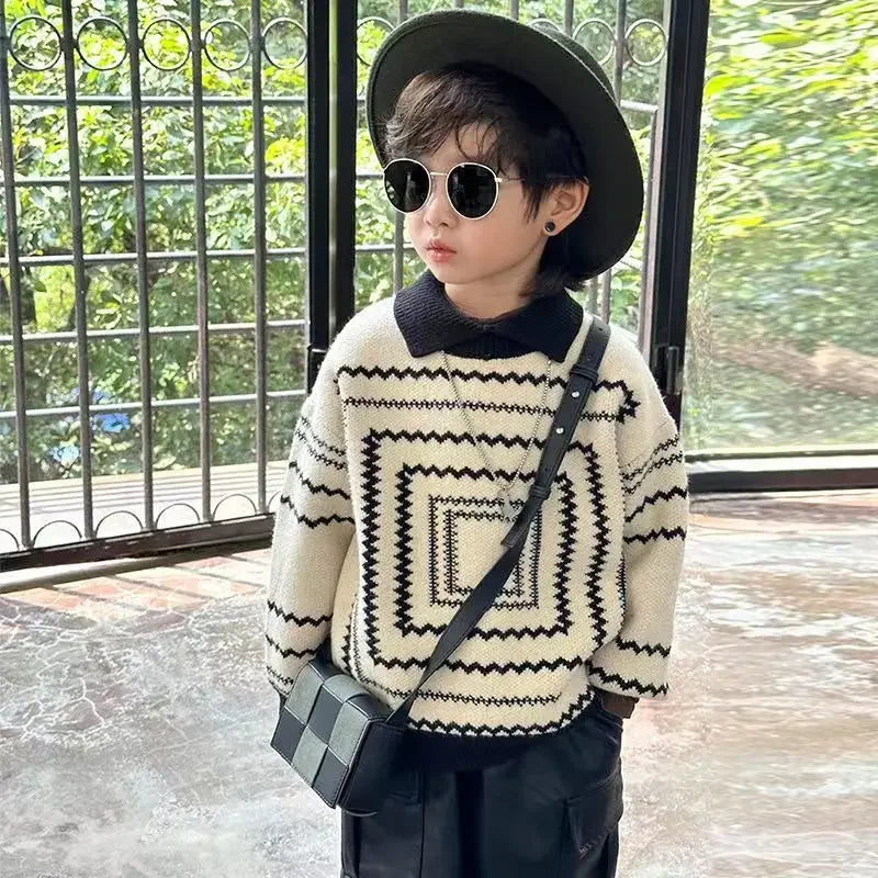 Korean Children's Sweaters Retro Style Boys Fall and Winter Thickening New Winter Baby Knit Shirt Lapel Polo Collar Knit Sweater