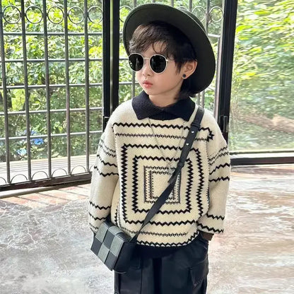 Korean Children's Sweaters Retro Style Boys Fall and Winter Thickening New Winter Baby Knit Shirt Lapel Polo Collar Knit Sweater