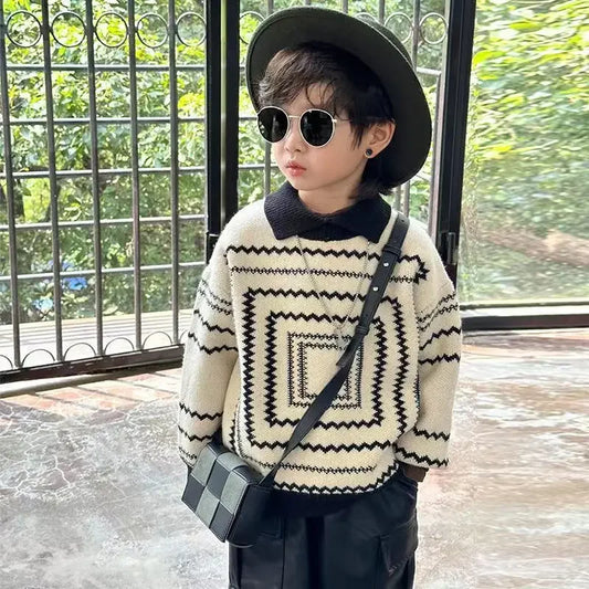 Korean Children's Sweaters Retro Style Boys Fall and Winter Thickening New Winter Baby Knit Shirt Lapel Polo Collar Knit Sweater