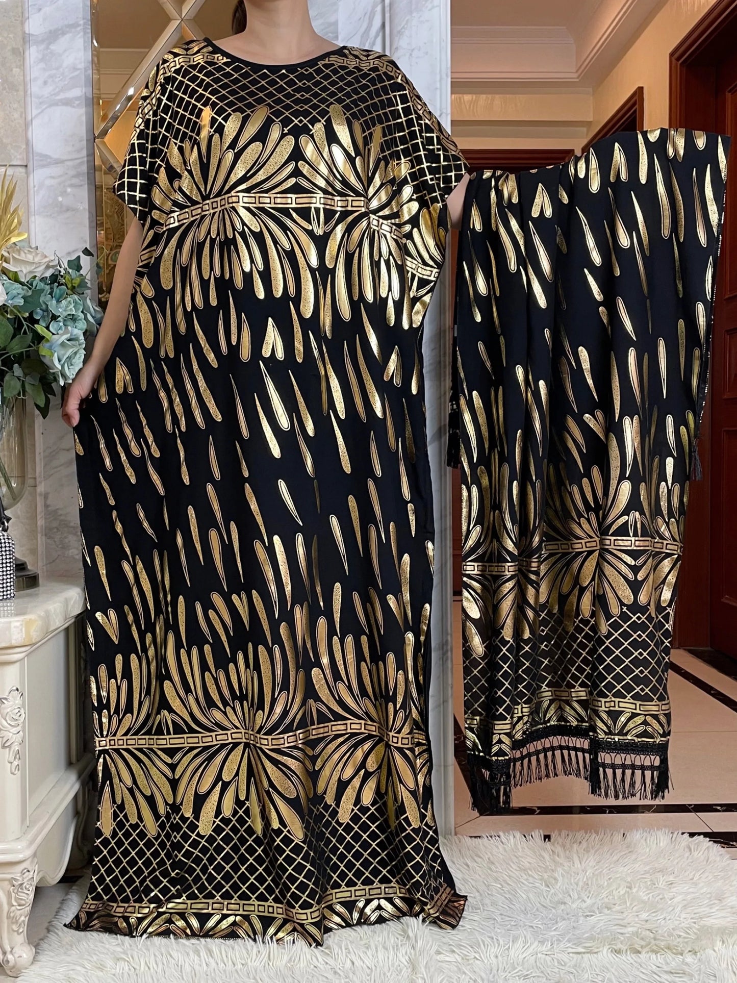 2024 Summer Short sleeve Dress Pure Cotton Gold Stamping Loose Abaya Maxi Islam Dress With Tassels Big Scarf African Long Dress