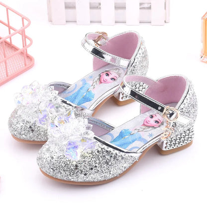 Disney Princess Frozen Elsa Kids Leather For Girls Crystal Pillar Casual Glitter Children High Heel Party Dress Shoes