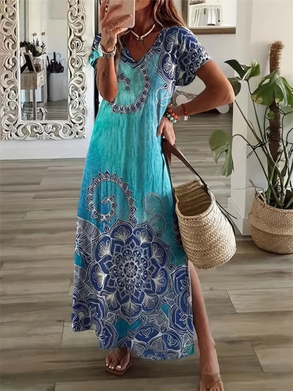 Vintage Geometric Irregular Printed T Shirt Long Women's Summer V-Neck Short Sleeve A-Line Dress Casual Vacation Slit Long Gowns