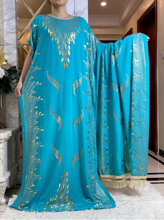 2024 Summer Short sleeve Dress Pure Cotton Gold Stamping Loose Abaya Maxi Islam Dress With Tassels Big Scarf African Long Dress