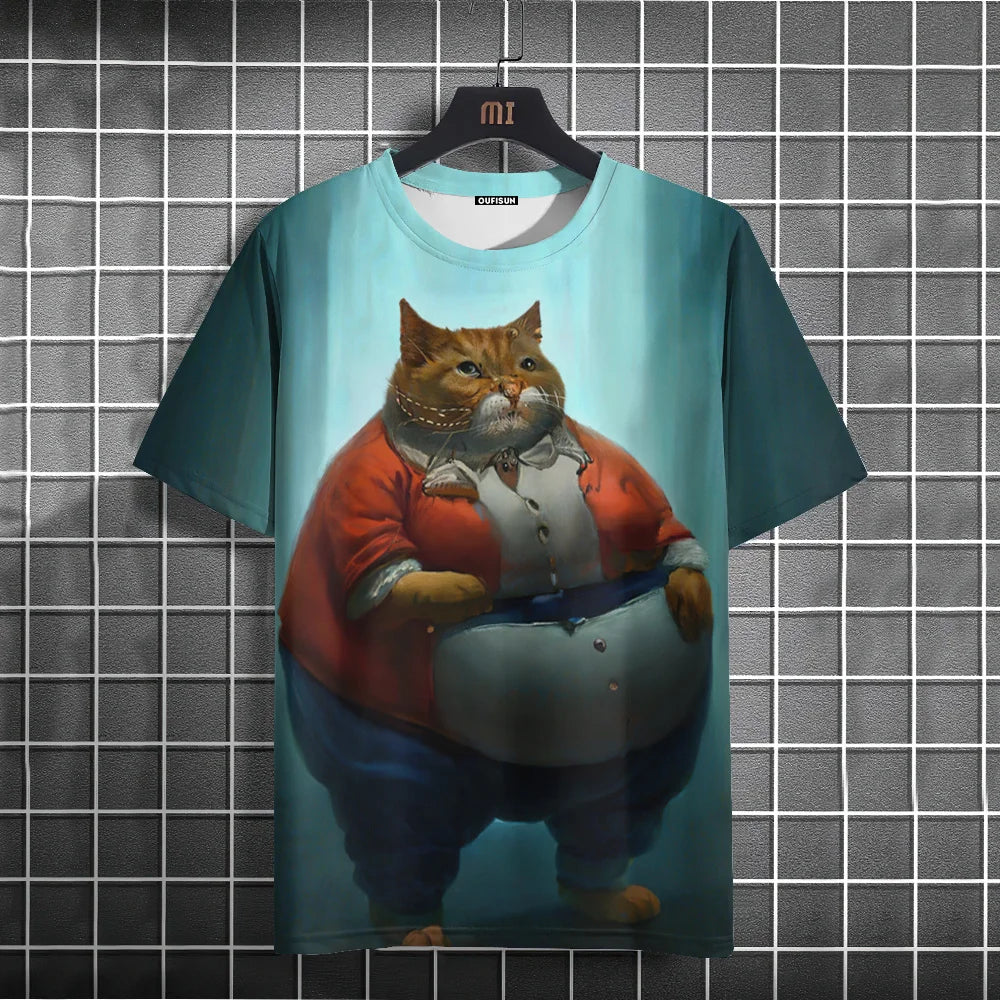 Summer Men's T-Shirt Funny Cat Print Oversized Short Sleeve Man T-Shirt Round Neck Casual Men Women Tee Neutral Clothing 2024