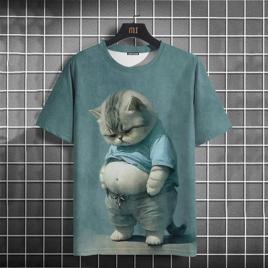 Summer Men's T-Shirt Funny Cat Print Oversized Short Sleeve Man T-Shirt Round Neck Casual Men Women Tee Neutral Clothing 2024