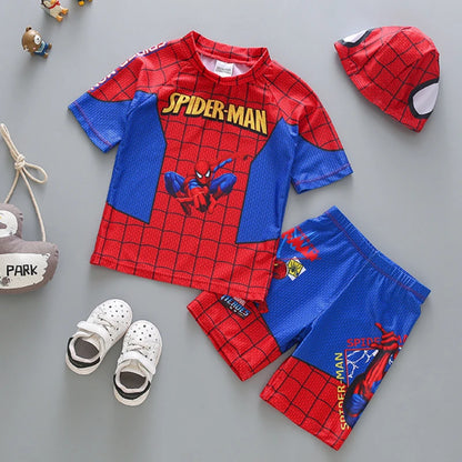Disney Toddler Baby Boys Clothes Set Aoger Spiderman Print Short Sleeve Tops Elastic Waist Swim Hat Kids 3Pcs Bathing Suit