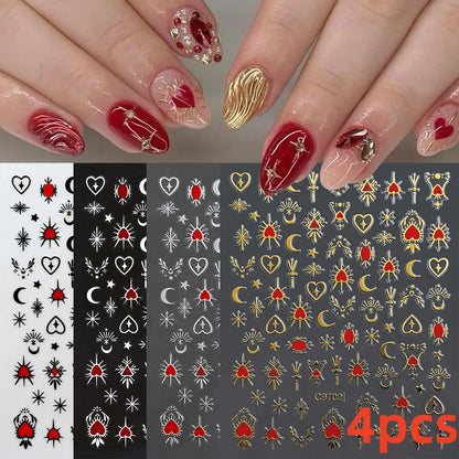 8Pcs Red Heart Nail Stickers 3D Bronzing Silver Gold Heart Shape Star & Moon Metal Totem Nail Slider Self-Adhesive DIY Nail Art*