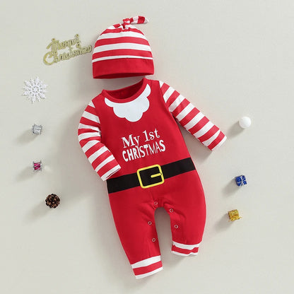 ma&baby 0-18m Christmas Newborn Infant Baby Romper Santa Costume Striped Letter Print Long Sleeve jumpsuit Hat Xmas Outfits D05