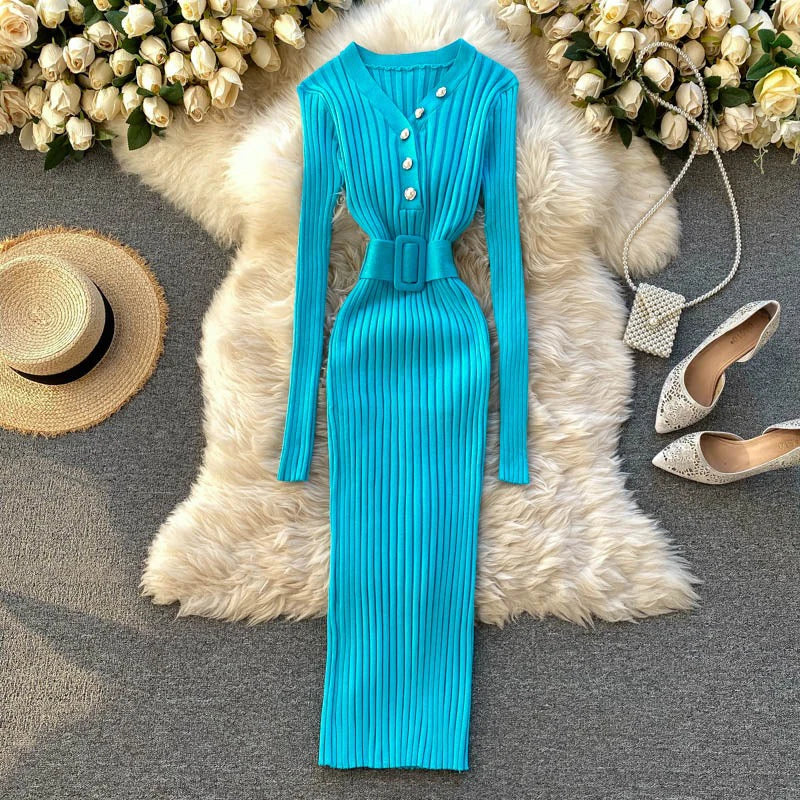 YuooMuoo2024 Autumn Winter Women Ribbed Knitted Dress Elegant V-neck Buttons Bodycon Sweater Dress with Belt Lady Office Vestido