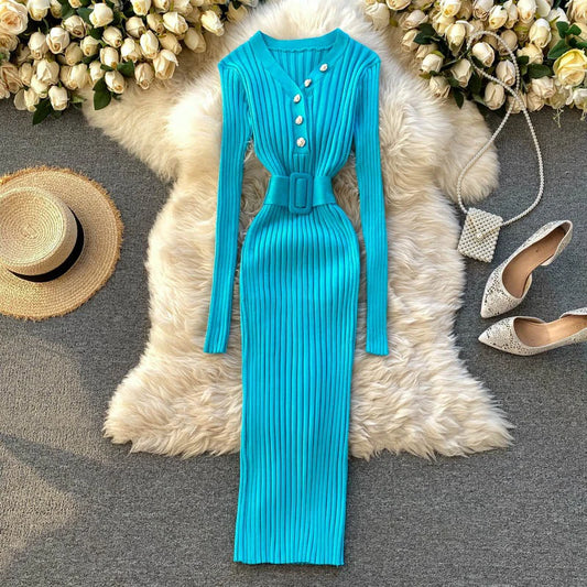 YuooMuoo2024 Autumn Winter Women Ribbed Knitted Dress Elegant V-neck Buttons Bodycon Sweater Dress with Belt Lady Office Vestido