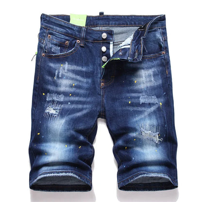 New Summer Men Blue Denim Shorts Italian Style Male Shorts Jeans High Quality Male Stretch Fit Ripped Denim Jeans Shorts Size 38