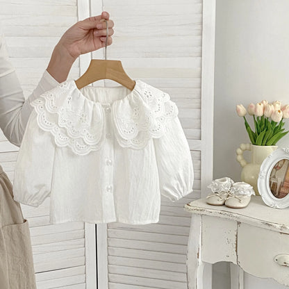 MILANCEL New 2024 Autumn Baby Girls Shirt 0-3Y Sweet Double Layer Lace Turn Down Collar Blouse Toddler Long Sleeve Base Top