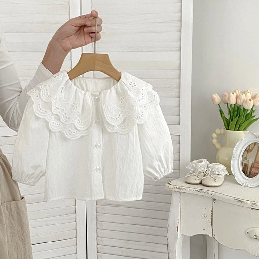 MILANCEL New 2024 Autumn Baby Girls Shirt 0-3Y Sweet Double Layer Lace Turn Down Collar Blouse Toddler Long Sleeve Base Top