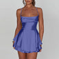 Ladies' Silk And Satin Elegant Sexy Slim Beautiful Backless Short Dress Cowl Neck Cross Spaghetti Strap Party Pleated Mini Skirt
