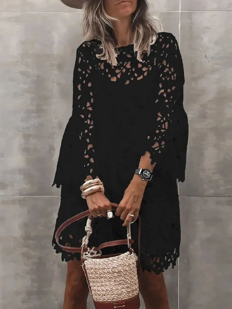 Autumn Women's Solid Color Dress Ethnic Style Sexy Lace Hollow Flower Temperament Elegant Casual Long Sleeved Knee Length Dress