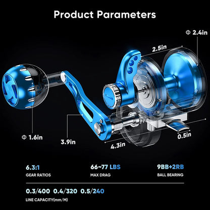 Topline 6.3:1 Slow Pitch Jigging Reel Aluminum CNC Machined High Retrieve Max Drag 35KG 9BB+2RB Grouper Sea Fishing Jigs Reel500